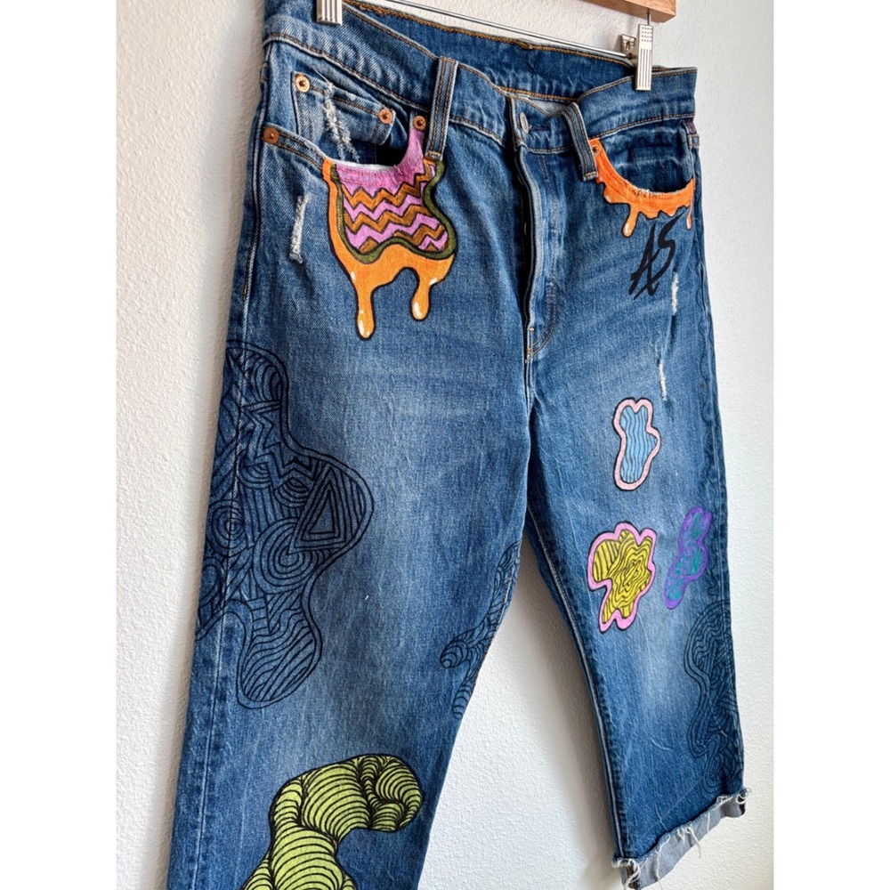 Levis 501 Custom Painted y2k DIY Cartoon Art Cropped Jeans Medium Wash Denim 29 - Picture 3 of 4